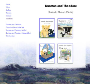 Screen capture of website with the heading "Dunstan and Theodore" and four book covers on a white background with a mountain range along the bottom.