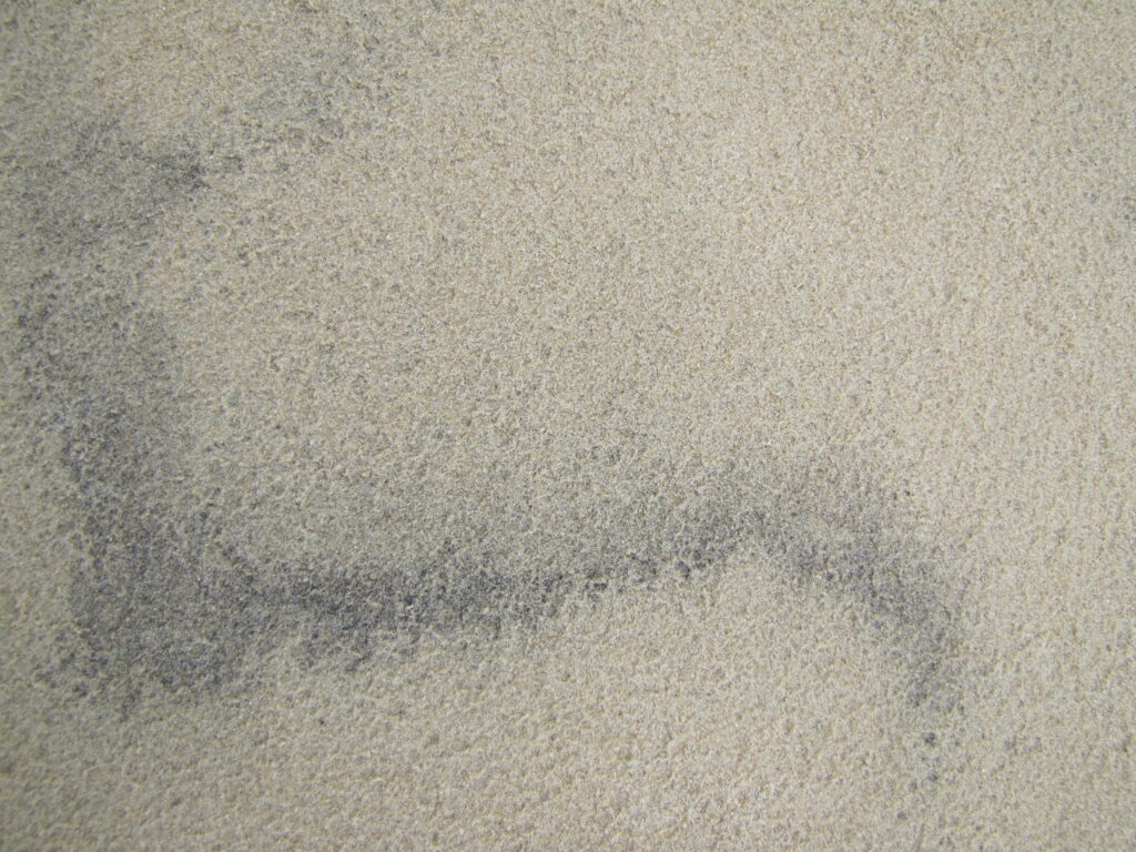Photograph of pale yellow sand with a dark grey streak running through it.