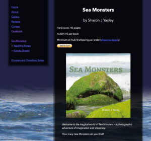 Screen capture of website with the heading "Sea Monsters" and one book cover, with a dark blue background and ocean waves along the bottom.