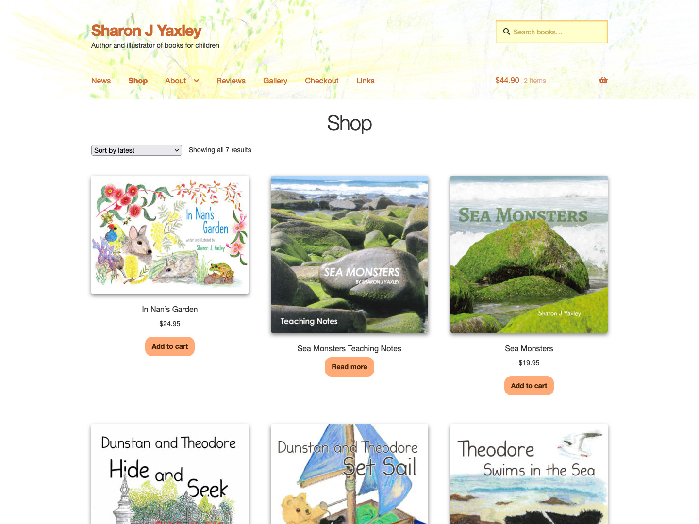 Screen capture of website with the title "Sharon J Yaxley" and heading "Shop". The colours are white and yellow. The shop contains book cover pages.